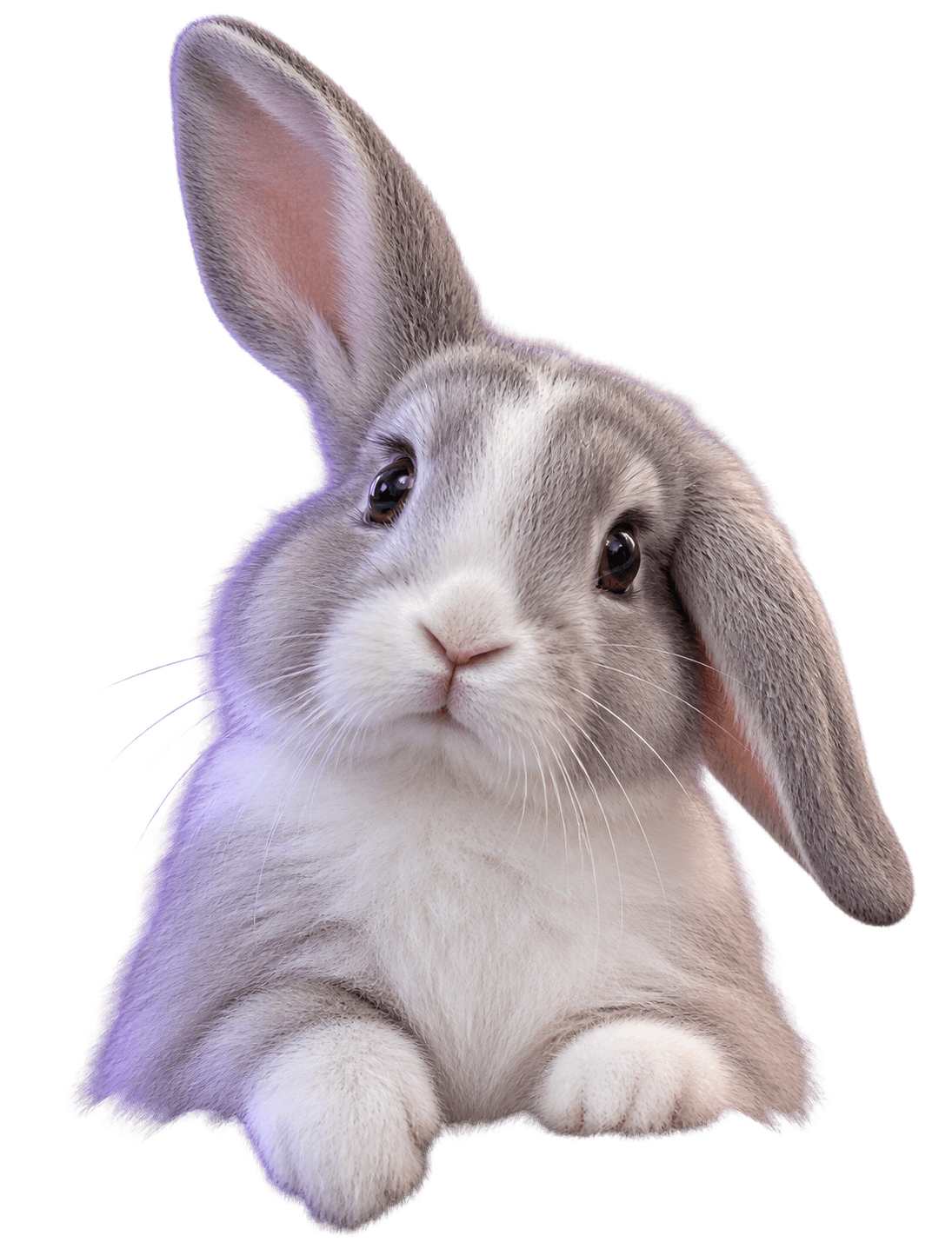 A grey and white lop-eared rabbit peeking over the edge