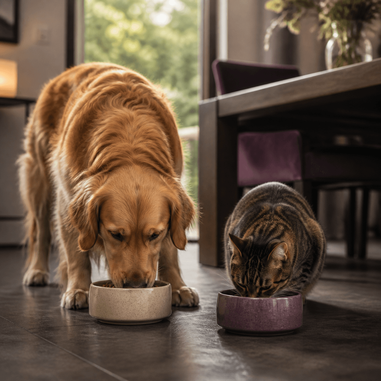 A golden retriever and tabby cat eating side by side